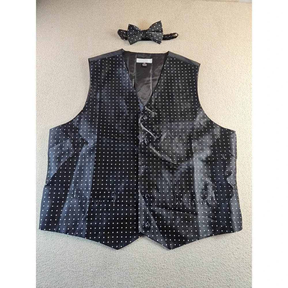 Veronelli Men's 2XL Black White Polka Dot Tuxedo Vest & Bow Tie Formal